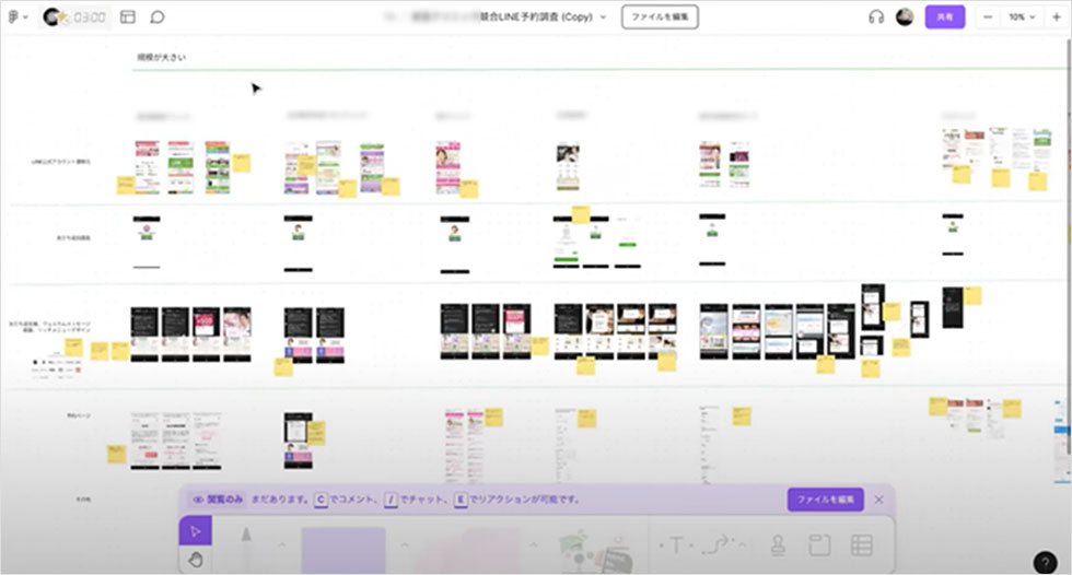 Figma さまざまなクリニックの予約システムがどうなっているのかを調べ、スクリーンショットをFigJam上に貼り付けて整理