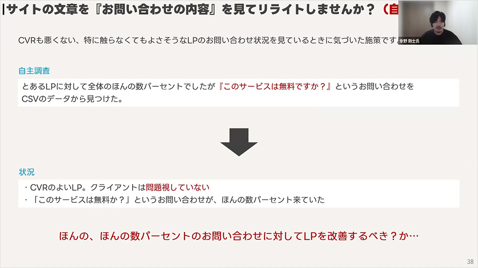図：サイトの文章を『お問い合わせの内容』を見てリライトしませんか？ 自主調査⇒状況